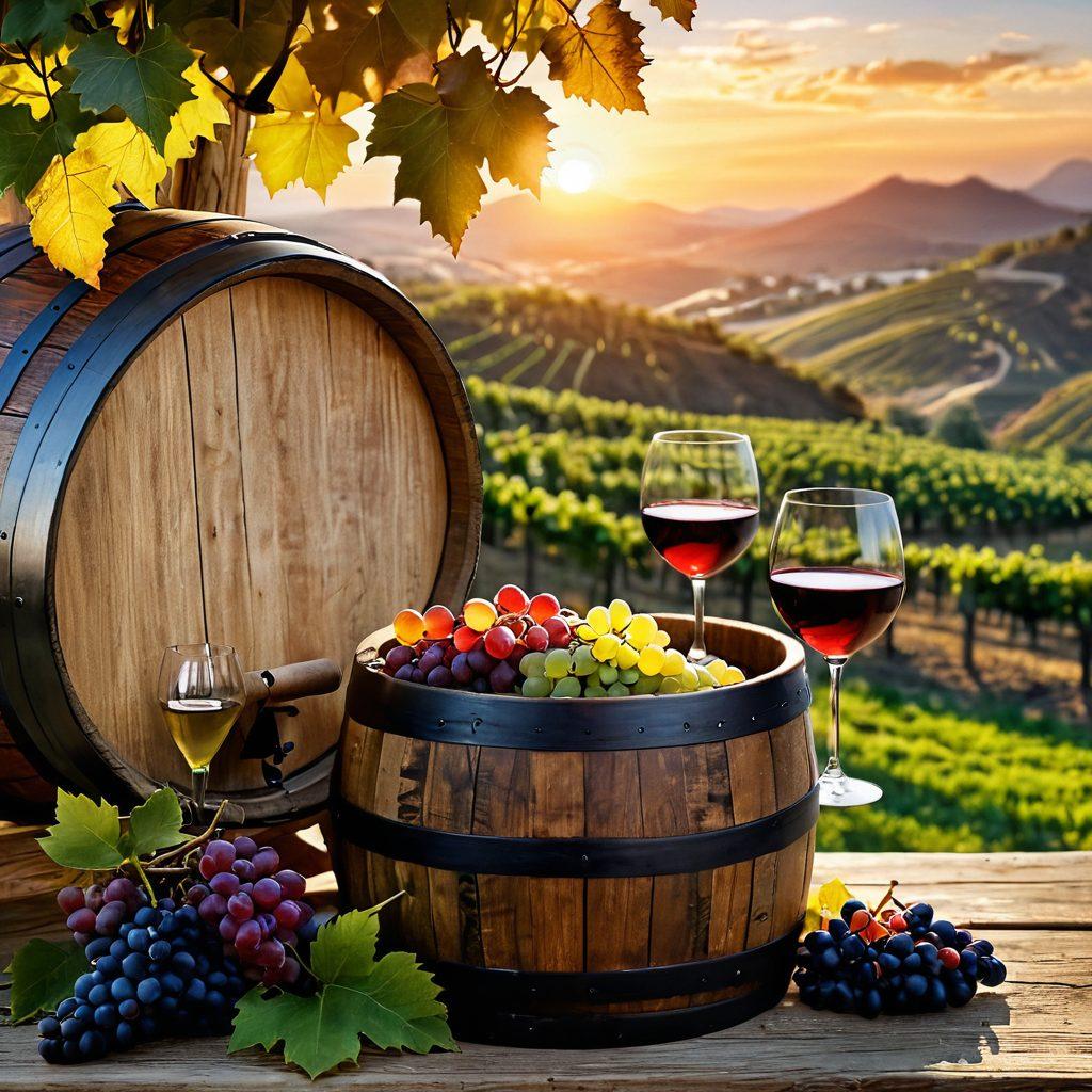 A beautifully arranged vineyard scene during sunset, with grapes on the vine, a rustic wooden barrel, and a glass of wine capturing sunlight. Include a winemaker joyfully pouring wine, highlighting the process of transformation from grapes to glass. Add picturesque hills in the background, with bright and warm colors. super-realistic. vibrant colors. picturesque.