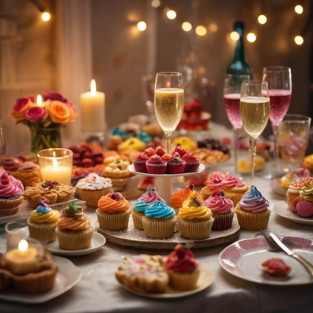 A beautifully arranged table set for a celebration, featuring an array of colorful pastries, cupcakes, and drinks in sparkling glasses. Soft fairy lights create a warm ambiance, while joyful people are clinking glasses in the background, sharing smiles and laughter. Incorporate vibrant colors and a sense of togetherness that highlights the theme of life’s delightful moments. super-realistic. vibrant colors. soft focus.