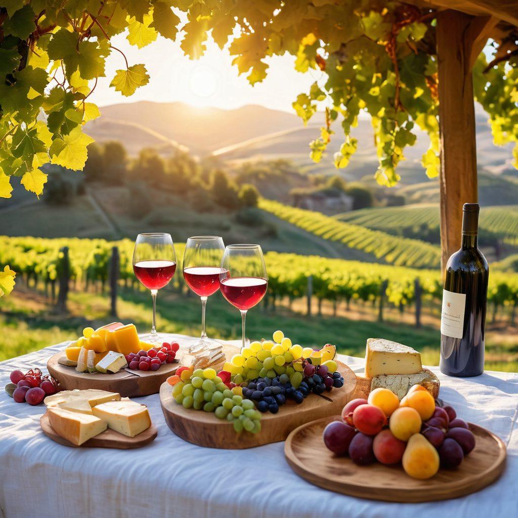A picturesque vineyard bathed in golden sunlight, featuring rows of lush grapevines heavy with ripe grapes. A cheerful group of friends toasting with glasses of vibrant, colorful artisan wines, surrounded by a rustic picnic setup adorned with artisanal cheeses and fresh fruits. The backdrop showcases rolling hills and a clear blue sky, embodying a joyful, celebratory atmosphere. super-realistic. vibrant colors. warm sunset lighting.